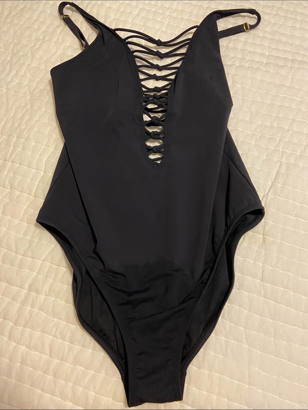 Blue Rod Beattie Black lace Up front back Deep Plunge One-Piece Swimsuit Sz 14